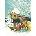 222 - Zwerg füttert Vögel im Schnee - Postkarte