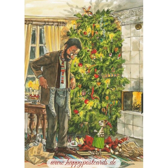Weihnachtsbescherung mit Findus - Postkarte