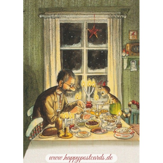 Pettersson beim Essen mit Findus - Postkarte