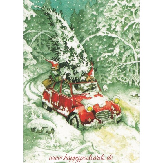 25 - Old Ladies and Christmas Tree in Car - postcard