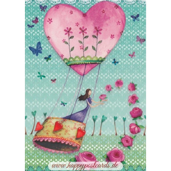 Woman in heartshaped Hot air balloon - Mila Marquis Postcard
