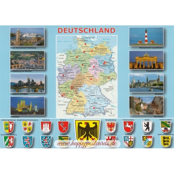 Germany - map and emblems - Viewcard