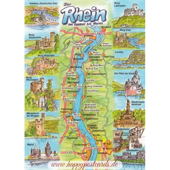 Der Rhein - Map - Postkarte