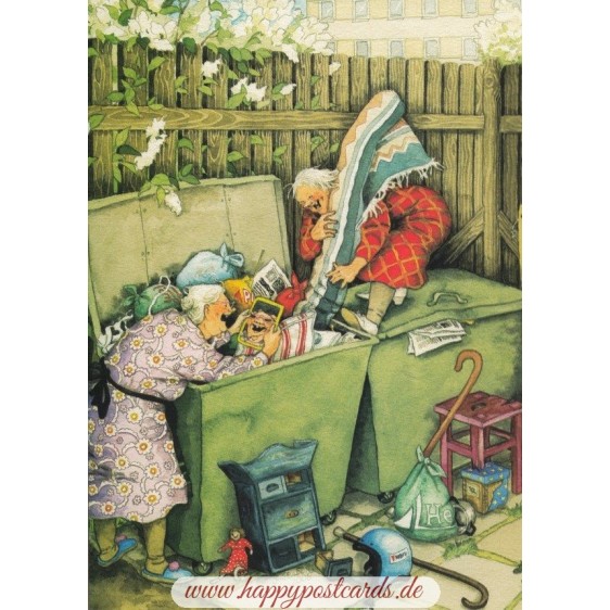 12 - Old Ladies at the Garbage Container - Postcard