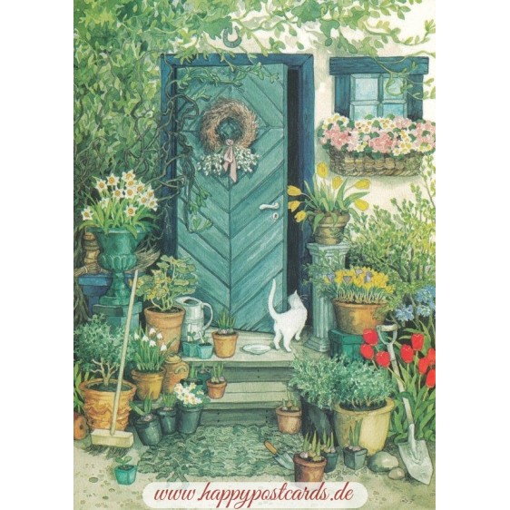 109 - White cat and Flowers in front of the Door - Postcard