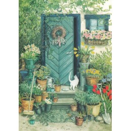 109 - White cat and Flowers in front of the Door - Postcard