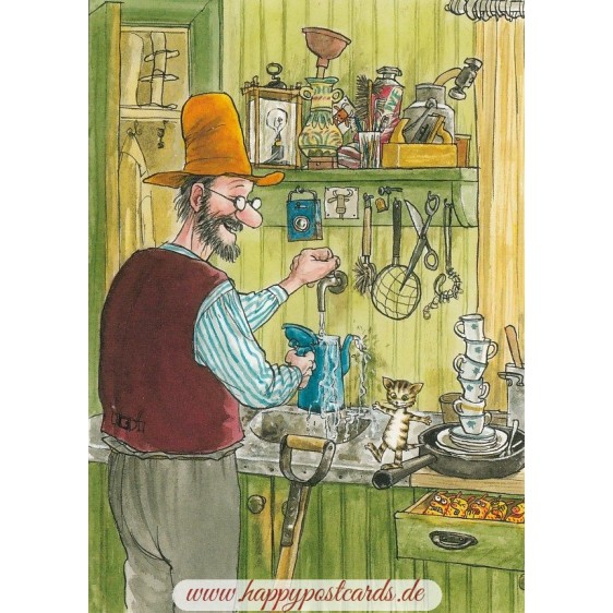 Pettersson with Findus in the kitchen - Pettersson postcard