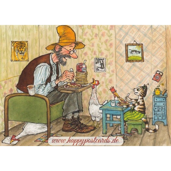 Pettersson and Findus eating pancakes - Pettersson postcard