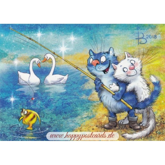 Anglerglück - Blaue Katzen - Postkarte