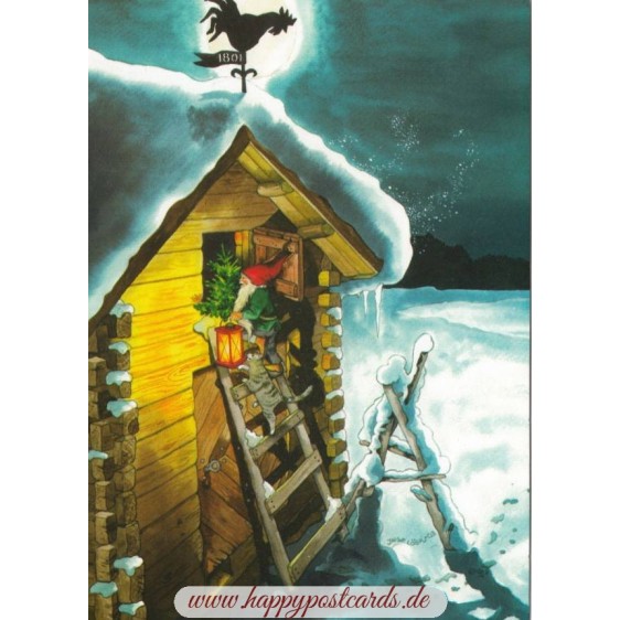 221 - Dwarf with a cat on a ladder - Löök  Postcard