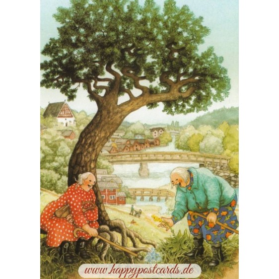 67 - Old Ladies finding flowers - Postcard