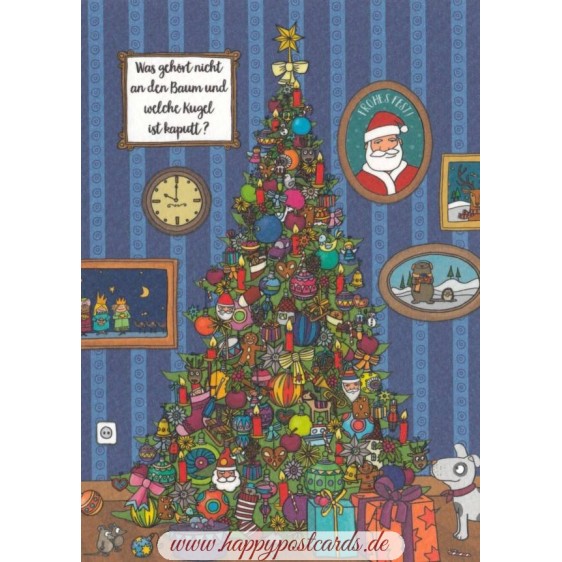 Was gehört nicht an den Baum und welche Kugel ist kaputt? - Weihnachtskarte