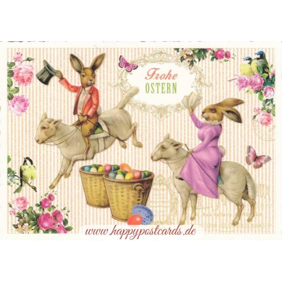 Frohe Ostern - Hasen auf Lämmchen - Tausendschön - Osterkarte