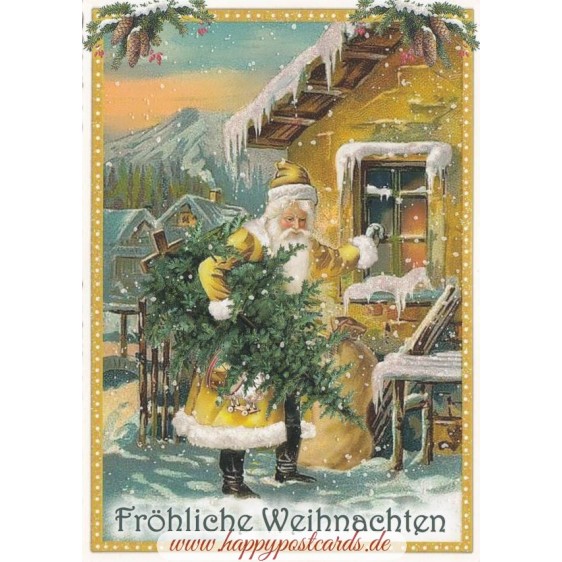 Fröhliche Weihnachten: Weihnachtsmann vor dem Haus - Tausendschön - Weihnachtskarte