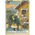 Fröhliche Weihnachten: Santa in front of the house- Tausendschön - Postcard