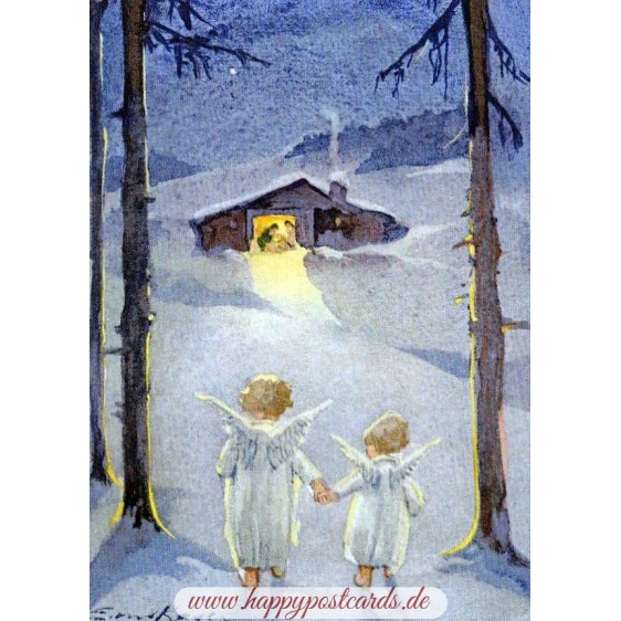 Two Angels on their way to the manger - Postcard
