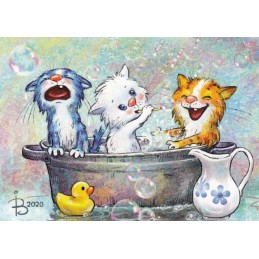 Katzenwäsche - Blaue Katzen - Postkarte
