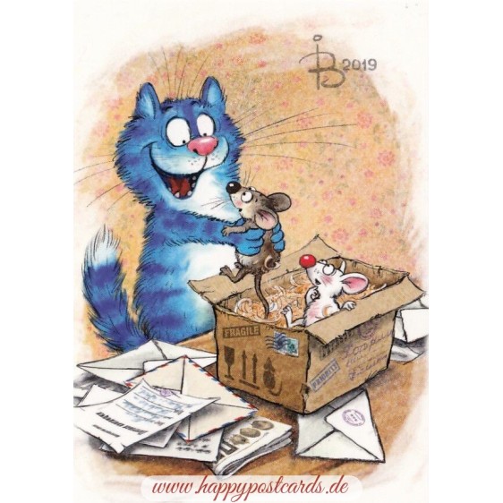Food Parcel - Blue Cats - Postcard