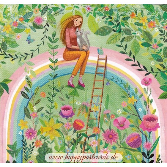 Woman with Cat on Rainbow - Mila Marquis Postcard