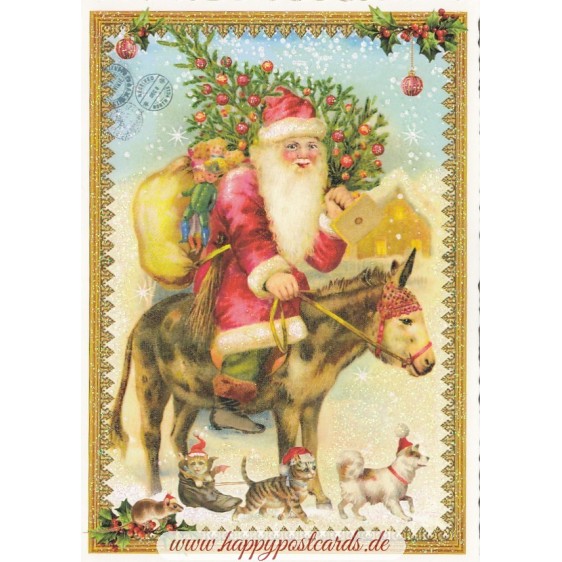 Weihnachtsmann auf Esel - Tausendschön - Weihnachtskarte