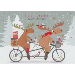 Fröhliche Weihnachten - Elche auf Fahrrad - Weihnachspostkarte