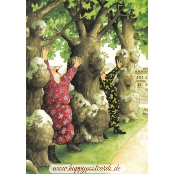 17 - Old Ladies between trees - postcard