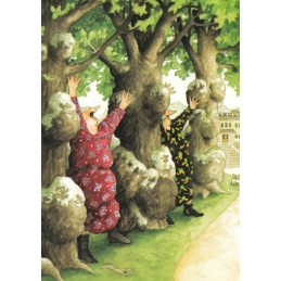27 - Old Ladies between trees - postcard