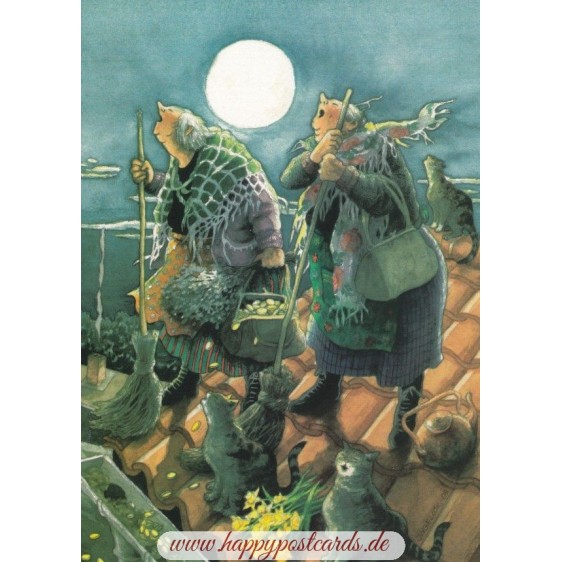 26 - Old Ladies and Cats on a Roof - postcard