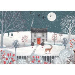House in winter with deer - Christmas Postcard