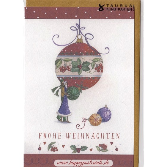 Frohe Weihnachten - Frau mit Christbaumkugeln - Weihnachtsgrußkarte