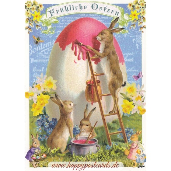 Fröhliche Ostern - Bunnies paint an egg - Tausendschön - Postcard