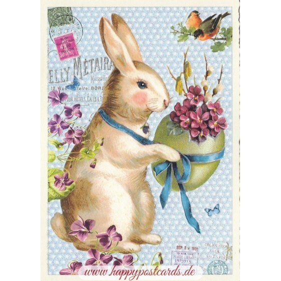 Hase hält Ei mit Blumen - Tausendschön - Osterkarte