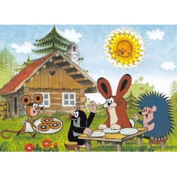 Der kleine Maulwurf beim Vesper mit Freunden - Maulwurf Postkarte