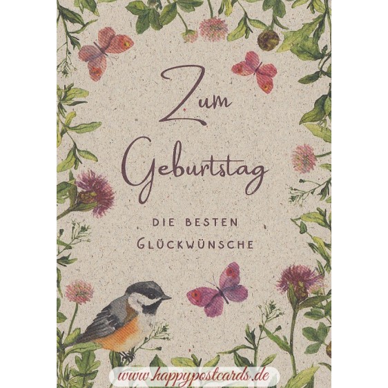 Zum Geburtstag - Blumen und Vogel - Graspostkarte