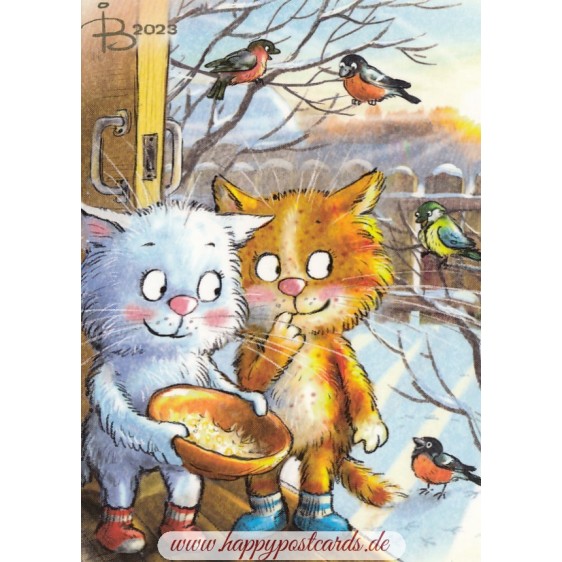 Fütterungszeit - Blaue Katzen - Postkarte