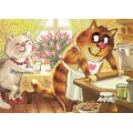 Abendessen - Blaue Katzen - Postkarte