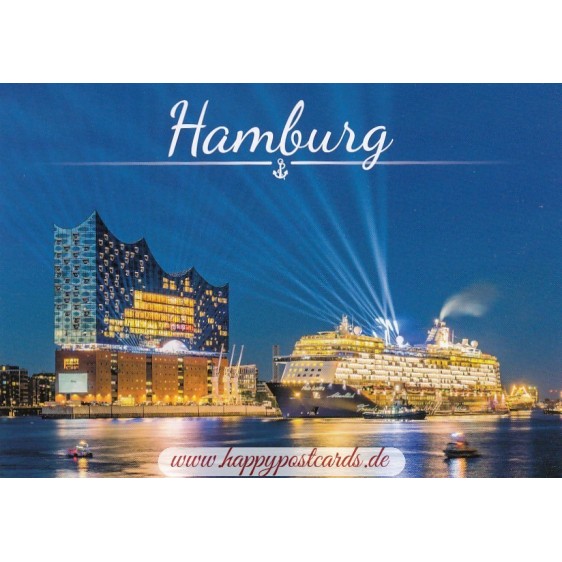 Hamburg bei Nacht - Schiff und Elphi - Ansichtskarte