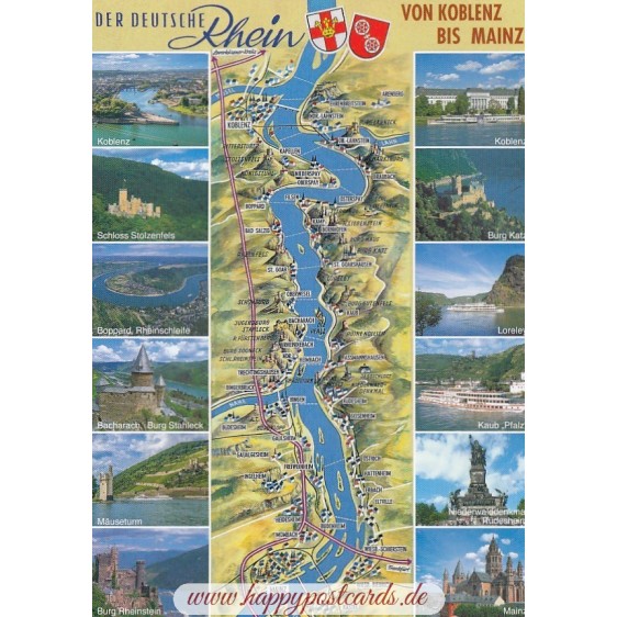Rhine - Koblenz to Mainz - Map - Postcard