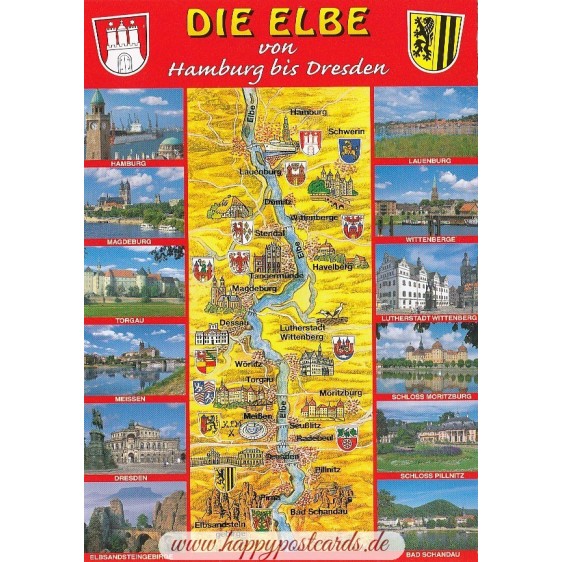 Die Elbe von Hamburg bis Dresden - Map - Postkarte