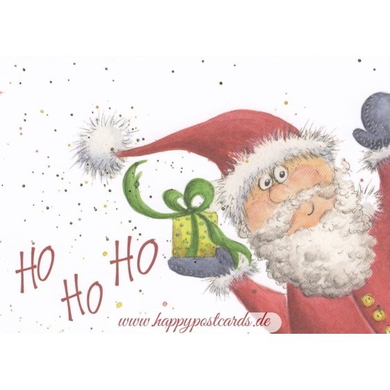 Ho ho ho - Santa Claas with present - Christmas Postcard
