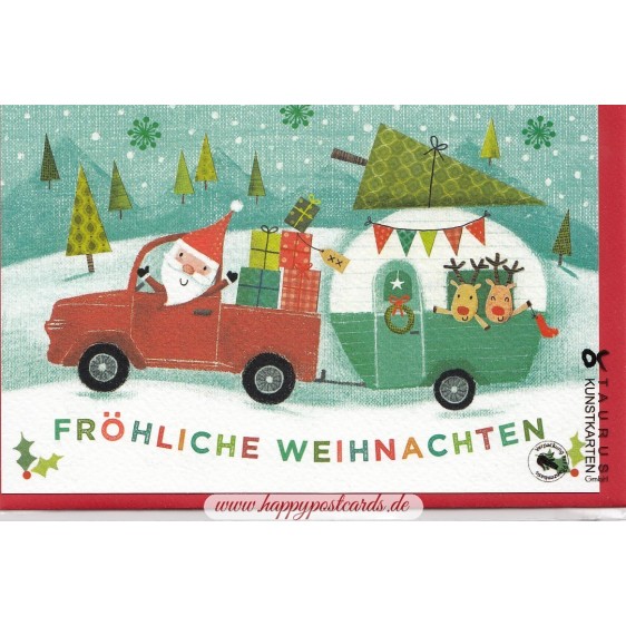 Fröhliche Weihnachten - Weihnachtsmann mit Wohnwagen - Weihnachtsgrußkarte