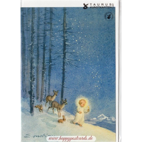 Ein Engel mit Rehen und Hasen - Weihnachtsgrußkarte