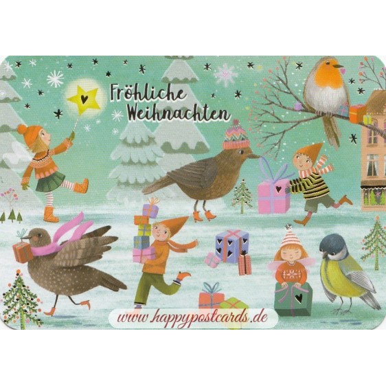 Fröhliche Weihnachten - Kinder und Vögel - Mila Marquis Postkarte