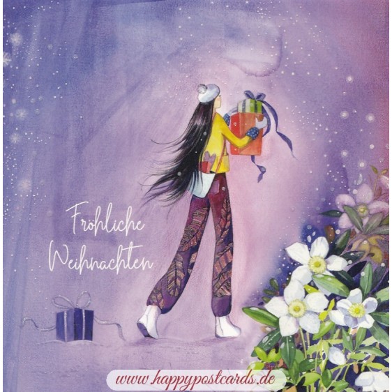Fröhliche Weihnachten - Woman with presents - Christmas Postcard