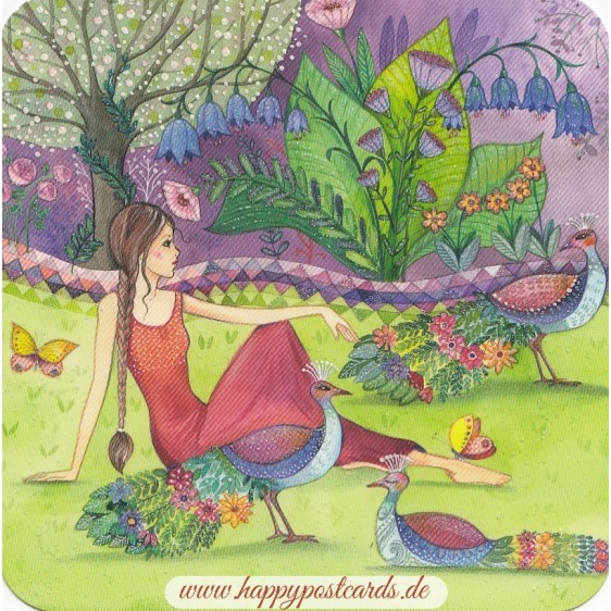 Frau im Park mit Pfauen - Kristiana Heinemann - Postkarte