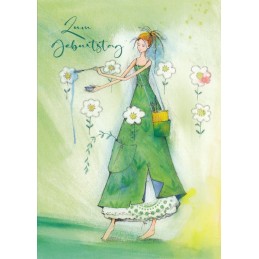 Zum Geburtstag - Frau malt Blumen - Kristiana Heinemann - Postkarte