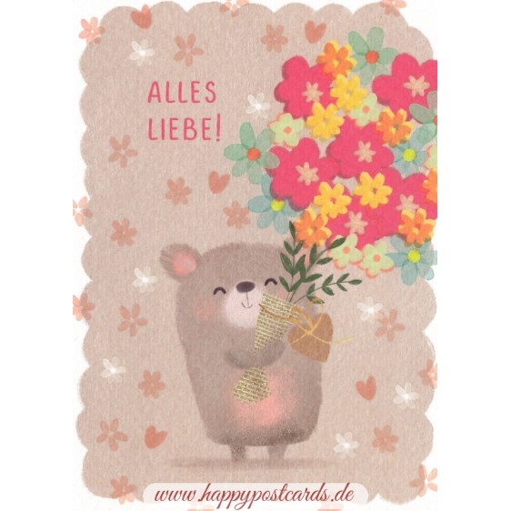 Alles Liebe! - Bear with flowers - Birthday Postcard