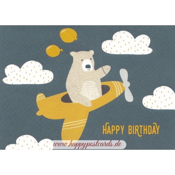 Happy Birthday - Bear in airplane - Birthday Postcard