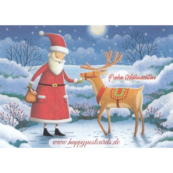Frohe Weihnachten - Santa feeding reindeer - Christmas Postcard