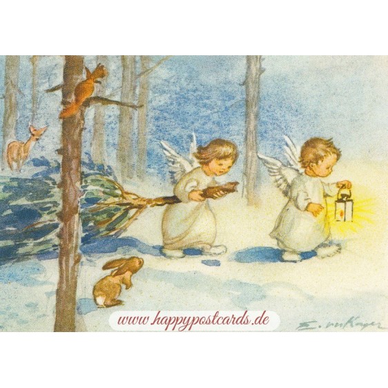 Zwei Engel ziehen durch den Wald - Weihnachtskarte